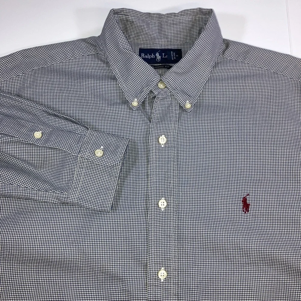 Polo Ralph Lauren Shirt Mens XL 17.5 Houndstooth Navy White L/S Button Down Flaw
